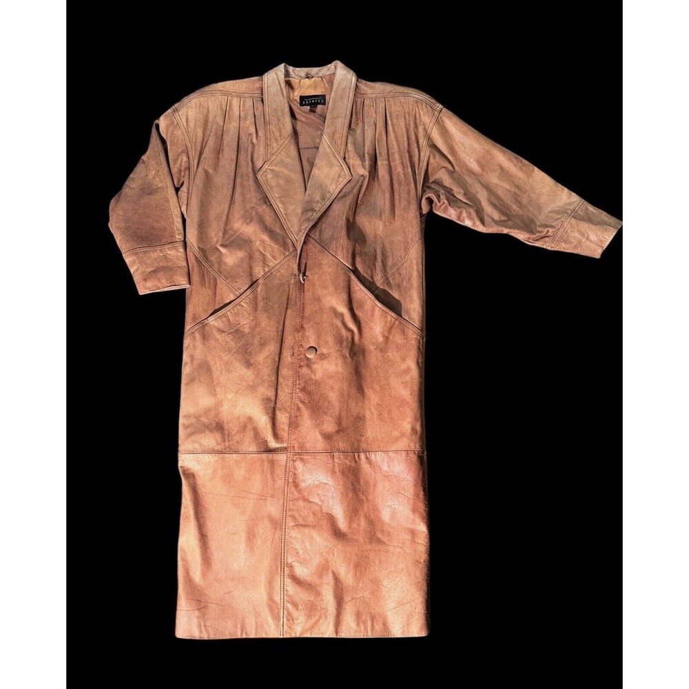 EXPRESS Vintage Women's Long Brown Leather Trench Coat S Compagnie International